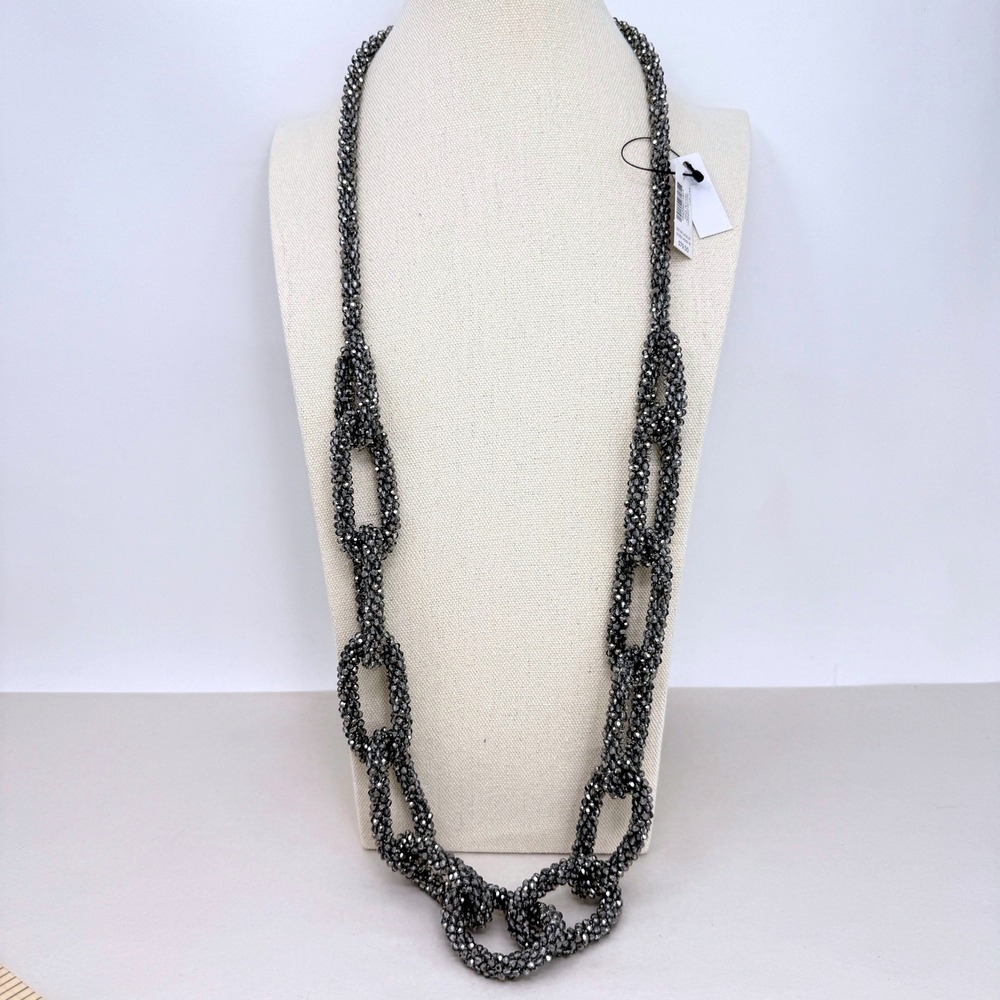 Chicos Long Lumi Necklace Beaded Link Metallic Silver Statement New